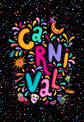 Vector Hand drawn Carnaval Lettering. Carnival Title With Colorful Party Elements, confetti and brasil samba dansing