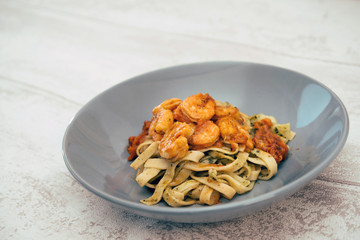 Pasta with Shrimp Dinner Dish on a the table