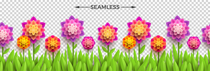 Fake paper flowers and grass on a checkered background. Horizontal seamless design. Vector illustration. Can be used on any background.