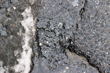 Melting snow asphalt slush water flow puddle dirty street sidewalk