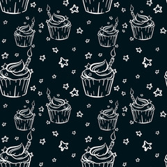 Hand Drawn Bithday Cupcake Seamless Dark Pattern