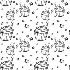 Hand Drawn Bithday Cupcake Seamless Outline Pattern