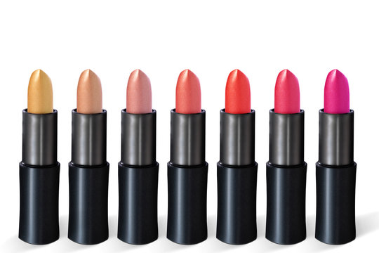 Group of colorful lipstick on white background