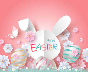 Fototapeta na wymiar Easter design of paper rabbit and flowers on coral color background vector illustration