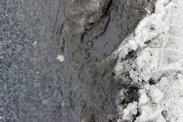 Melting snow asphalt slush water flow puddle dirty street sidewalk
