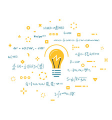 Imagination and innovation, creativity and thinking. Big science idea concept. Lightbulb and abstract thoughts in geometric colored shapes. Light bulb. Line style vector. Scientific knowledge.