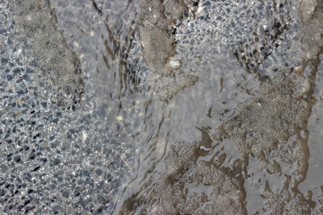 Melting snow asphalt slush water flow puddle dirty street sidewalk