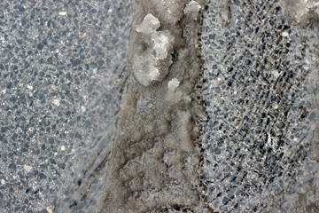Melting snow asphalt slush water flow puddle dirty street sidewalk