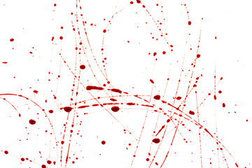Bloody splashes and drops on a white background. Dripping and following red blood (paint)