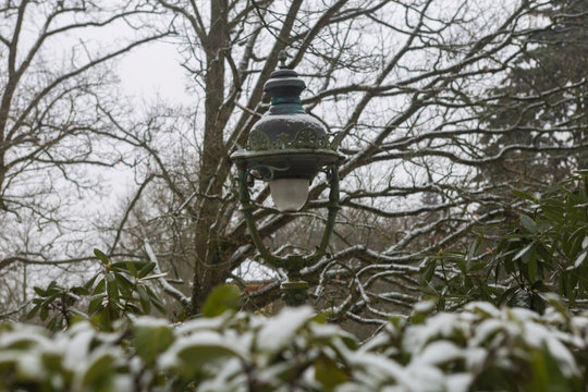 Garden park in Rennes to Thabor, lantern with snow, France
