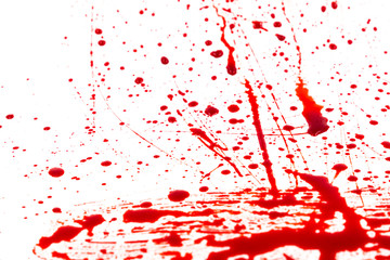 Bloody splashes and drops on a white background. Dripping and following red blood (paint)