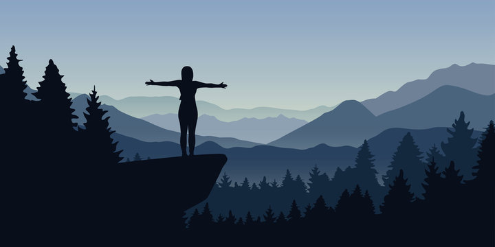 happy woman stands on a cliff in the forest with mountain view nature landscape vector illustration EPS10