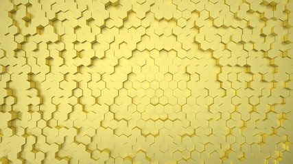 Geometric hexagonal abstract gold background. Surface with hexagonal honeycomb pattern, light and shade. 3D illustration