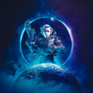 Young Female Space Cadet / 3D Illustration Of Science Fiction Scene Showing Young Heroic Woman Astronaut With Laser Pulse Rifle Rising Above Moon