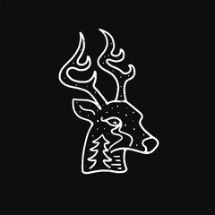 Head of reindeer. Hand drawn silhouette Deer. Black background.