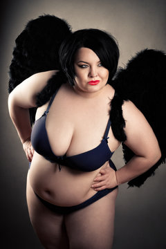 Fat Woman Lingerie Black Wings Stock Photo 1301348611