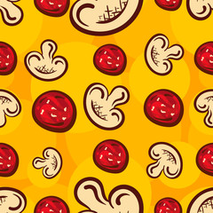 Seamless vector background of pizza ingredients template. Vector illustration with salami and mushrooms.