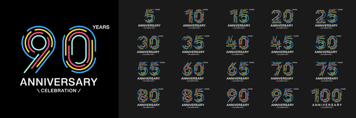 Set of anniversary logotype. Colorful anniversary celebration icons. Design for company profile, booklet, leaflet, magazine, brochure, invitation or greeting card.