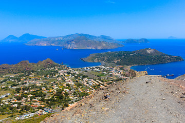 View on top of Vulcano Island on Lipari and Salina, Aeolian Islands in Sicily, Italy