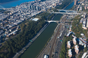 Bridges between Manhattan and the Bronx in New York NYC in USA. Upper Manhattan. Harlem river....