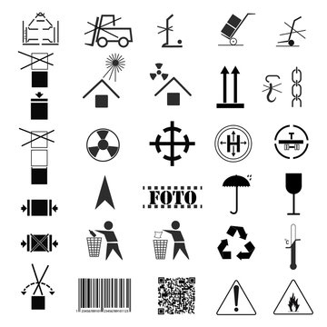 Vector drawing, Image of collection of packing symbols. Cargo marking, transport marking