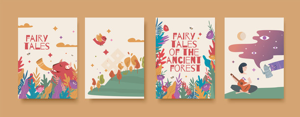 Set of illustrations for the book of fairy tales about the ancient forest.