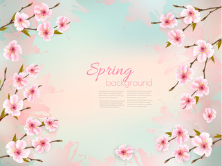 Fototapeta premium Spring nature background with a pink sakura blossom. Vector