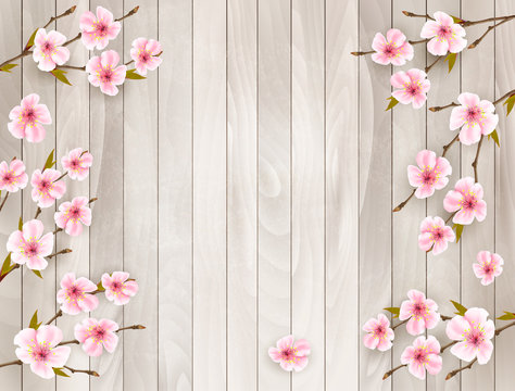 Cherry branch with a pink flowers on wooden background. Vector