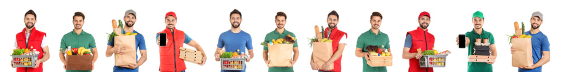 Collage of couriers with orders on white background. Food delivery