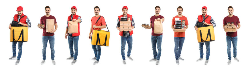 Collage of courier with orders on white background. Food delivery