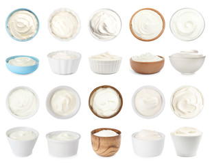 Set of delicious sour cream in bowls on white background
