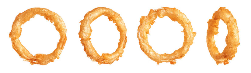 Set of delicious fried crispy onion rings on white background