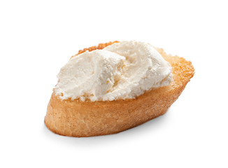 Piece of baguette with tasty cream cheese on white background