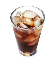 Glass of refreshing cola with ice cubes on white background