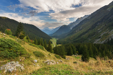 Obraz premium Evening, night and morning camping tents in France with beautiful views of the Alpine Mountains.