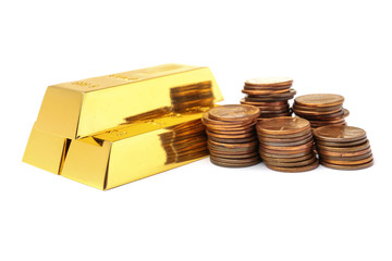 Gold bars and coins on white background