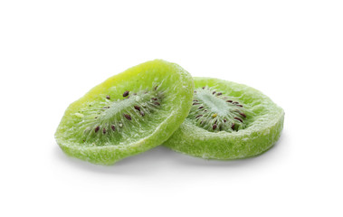 Fototapeta na wymiar Slices of kiwi on white background. Dried fruit as healthy food