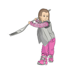 the child is eating. girl with a giant fork