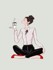 Girl in yoga pose with hot coffee in hand