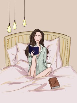 Girl sitting on the bed, reading a book and holding a cup of coffee