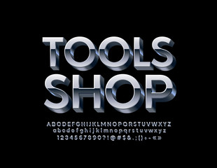 Vector industrial logo Tools Shop with 3D metallic Font. Silver Alphabet Letters, Numbers and Symbols.