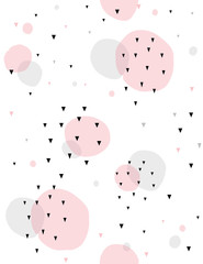 Leuk abstract vectorpatroon. Onregelmatige grote roze en grijze stippen en zwarte kleine driehoekjes. Mooie heldere en geometrische lay-out. Witte achtergrond. Modern eenvoudig ontwerp.