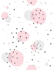 Wallpaper murals Geometric shapes Cute Abstract Vector Pattern. Irregular Big Pink and Gray Polka Dots and Black Little Triangles. Lovely Bright and Geometric Layout. White Background. Modern Simple Design.
