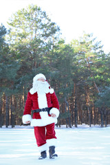 Happy Authentic Santa Claus walking outdoors. Space for text