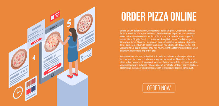 Order pizza online banner. Isometric illustration of order pizza online vector banner for web design