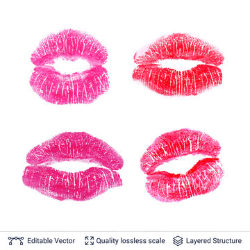 Set of pink lips prints isolated on white.