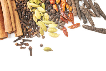 Different spices on white background. Overhead view