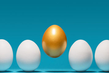 Concept of individuality, exclusivity, better choice. One golden egg among white eggs on blue...