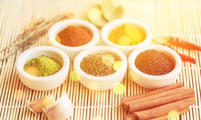 Spices and herbs in  bowls. Food and cuisine ingredients.