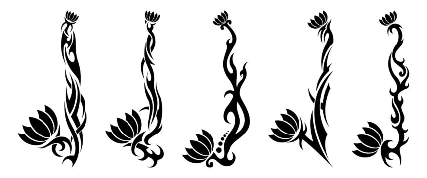 Set of five black tribal pattern flower tattoos on white background